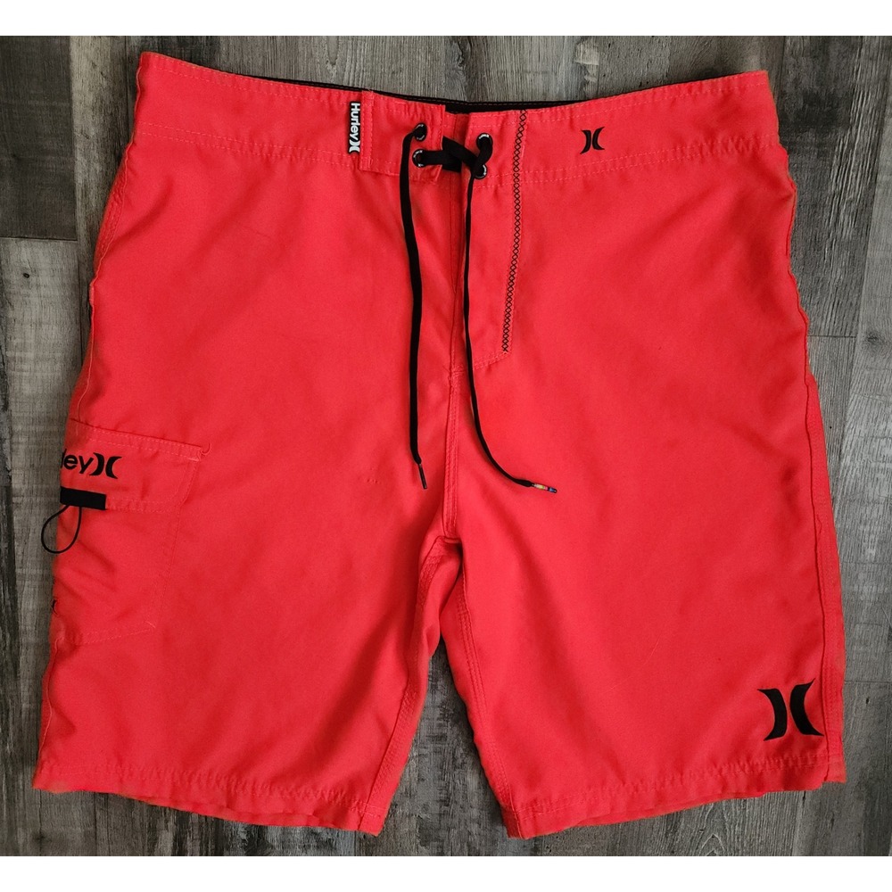 Hurley Board Shorts Mens 32 Orange Swim Trunks Cargo Pocket Polyester Surf Logo